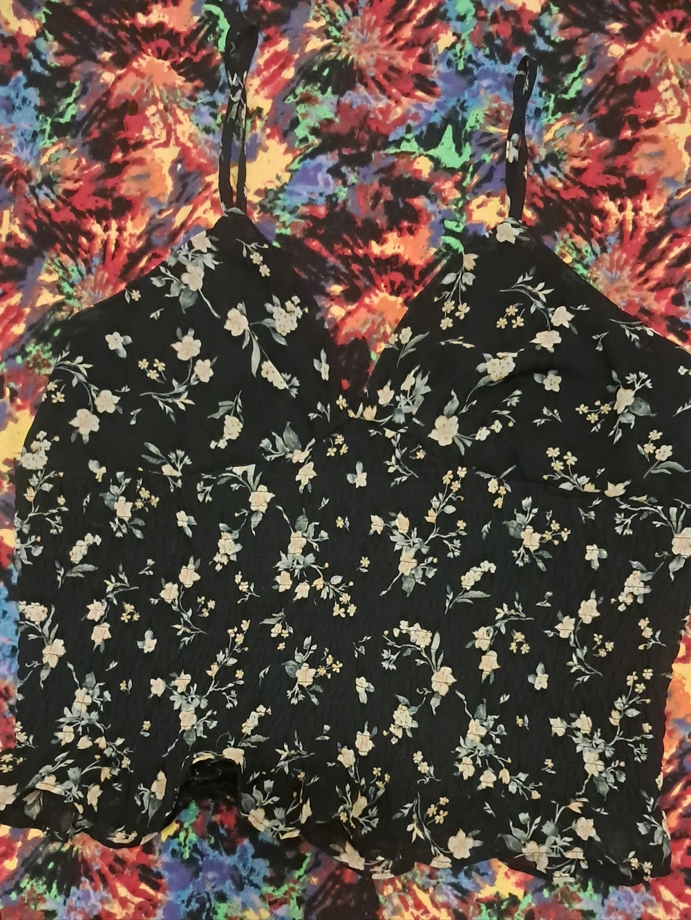 Active Usa Floral Spaghetti Strap Smocked Cropped Top